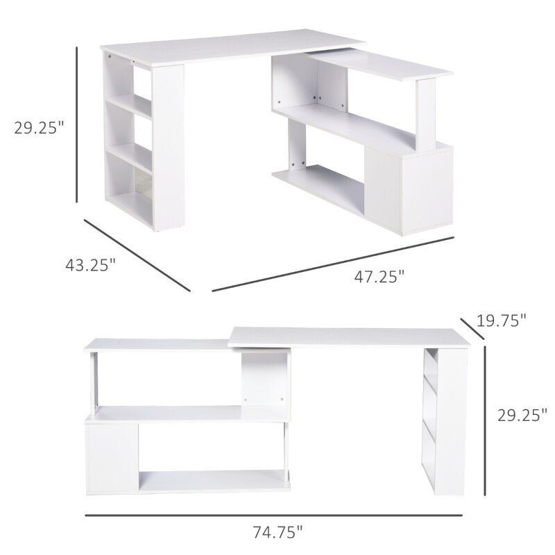 360° Rotating Home Office Desk L Shaped Corner Computer Desk with Storage Shelves, Writing Table Workstation, White/Black