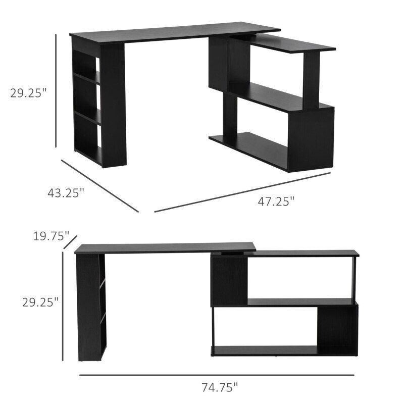 360° Rotating Home Office Desk L Shaped Corner Computer Desk with Storage Shelves, Writing Table Workstation, White/Black