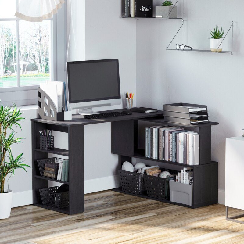 360° Rotating Home Office Desk L Shaped Corner Computer Desk with Storage Shelves, Writing Table Workstation, White/Black