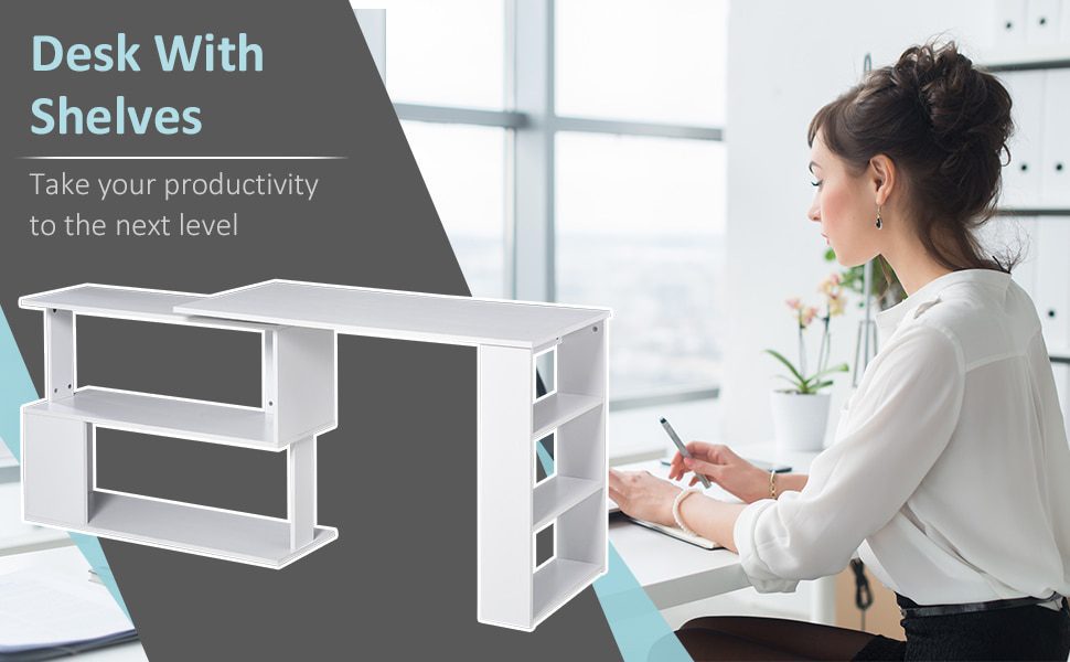 360° Rotating Home Office Desk L Shaped Corner Computer Desk with Storage Shelves, Writing Table Workstation, White/Black