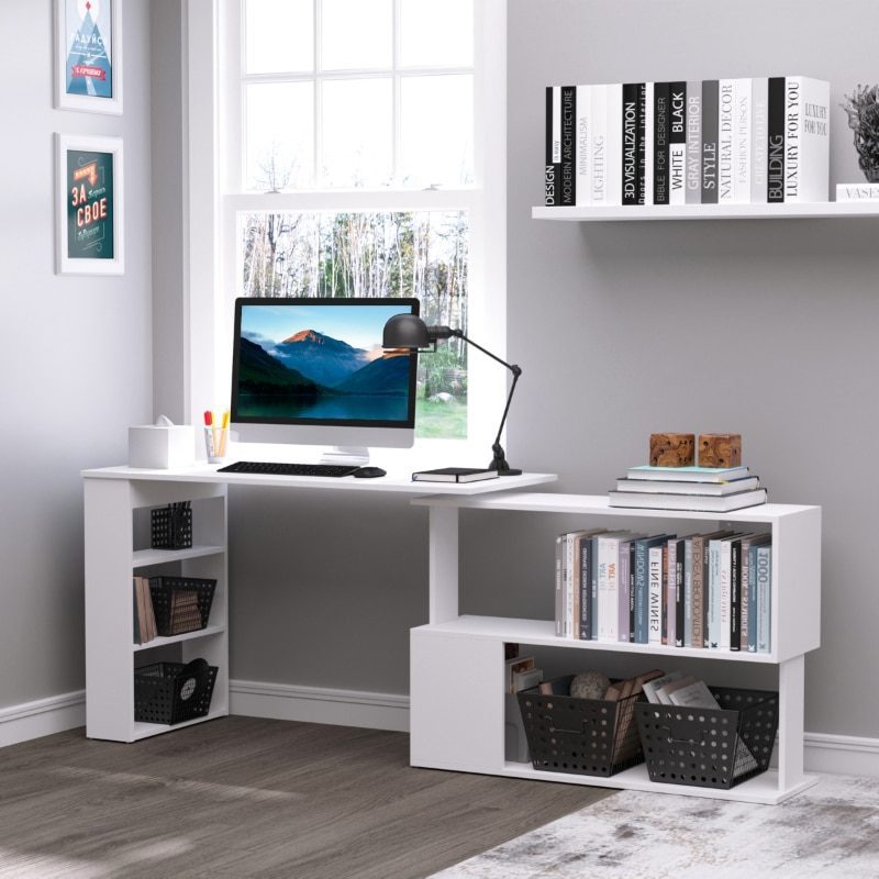 360° Rotating Home Office Desk L Shaped Corner Computer Desk with Storage Shelves, Writing Table Workstation, White/Black