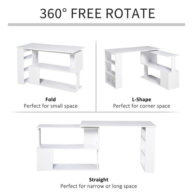 360° Rotating Home Office Desk L Shaped Corner Computer Desk with Storage Shelves, Writing Table Workstation, White/Black