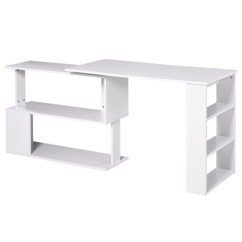 360° Rotating Home Office Desk L Shaped Corner Computer Desk with Storage Shelves, Writing Table Workstation, White/Black