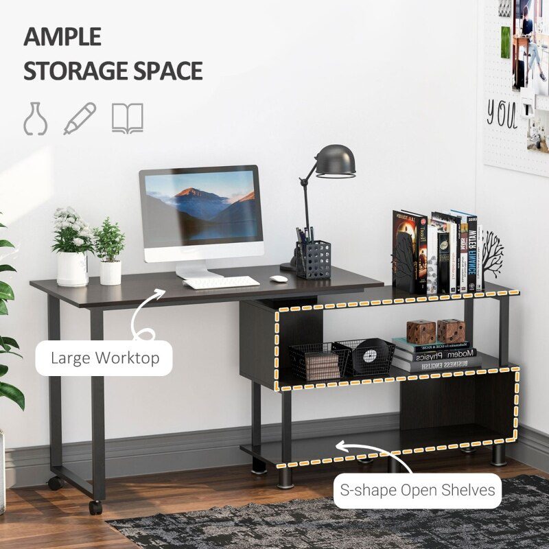 L-shaped rotating computer desk with storage shelf Movable rolling writing desk Home office study workstation for home office