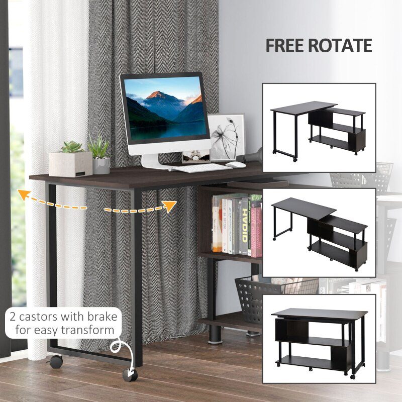 L-shaped rotating computer desk with storage shelf Movable rolling writing desk Home office study workstation for home office