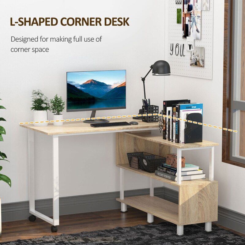 L-shaped rotating computer desk with storage shelf Movable rolling writing desk Home office study workstation for home office