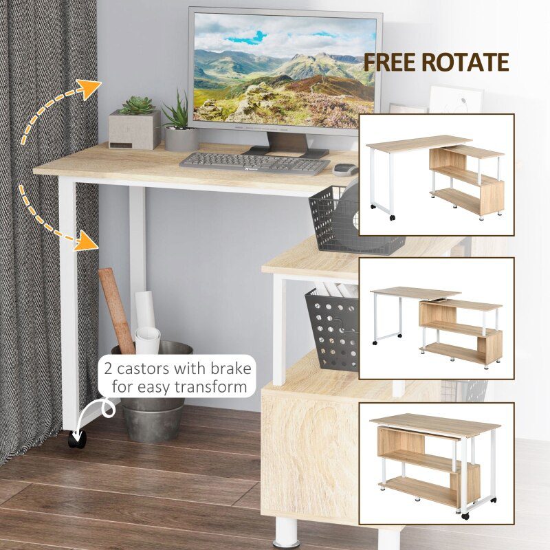 L-shaped rotating computer desk with storage shelf Movable rolling writing desk Home office study workstation for home office