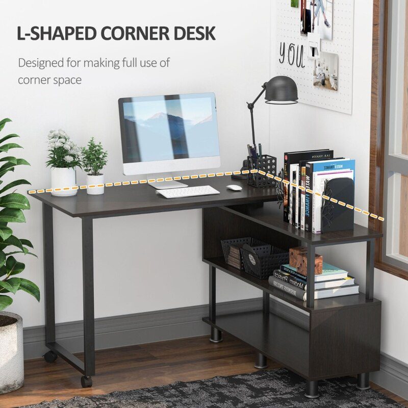 L-shaped rotating computer desk with storage shelf Movable rolling writing desk Home office study workstation for home office