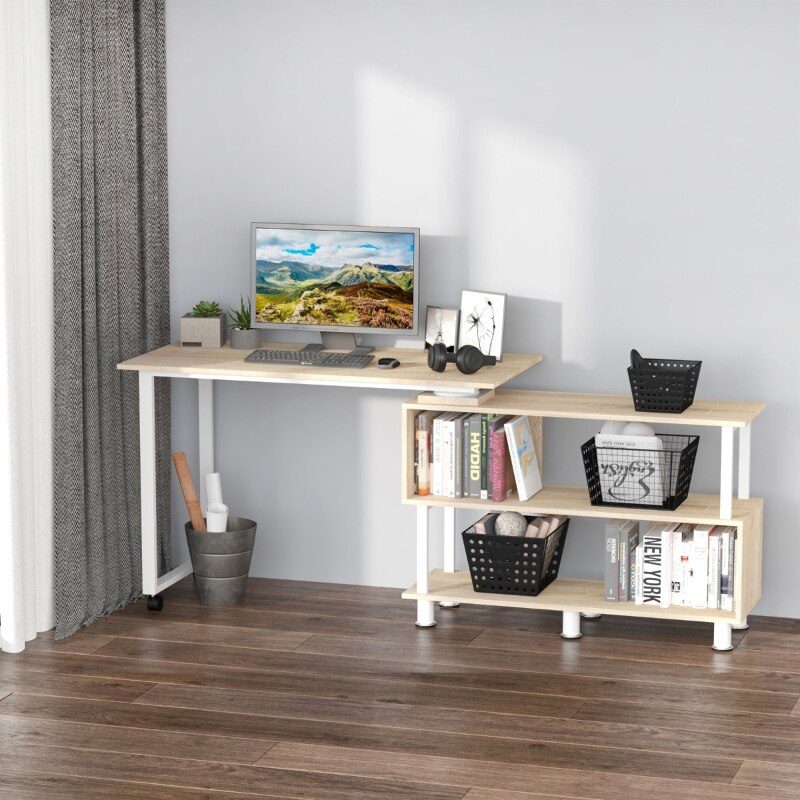 L-shaped rotating computer desk with storage shelf Movable rolling writing desk Home office study workstation for home office