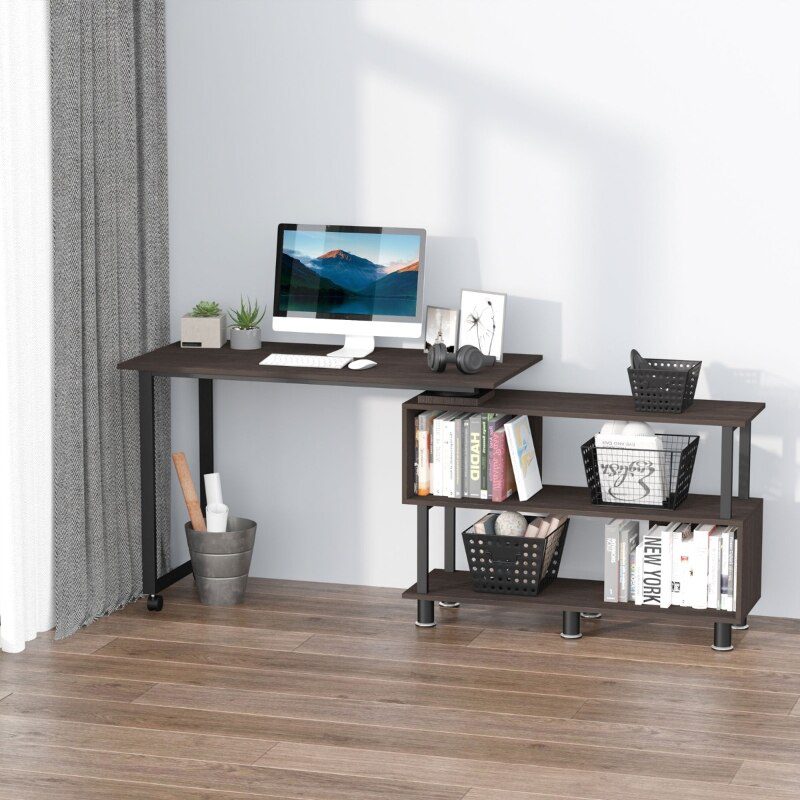 L-shaped rotating computer desk with storage shelf Movable rolling writing desk Home office study workstation for home office