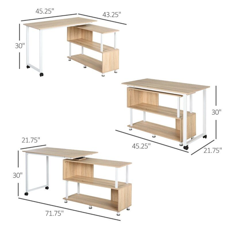 L-shaped rotating computer desk with storage shelf Movable rolling writing desk Home office study workstation for home office