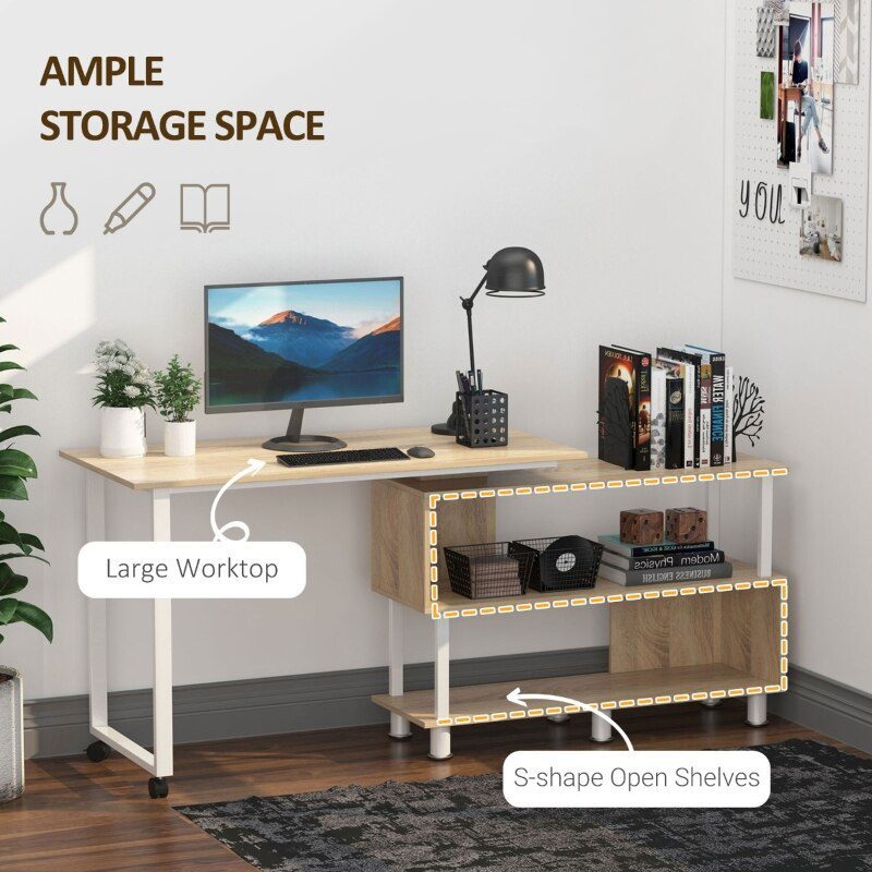 L-shaped rotating computer desk with storage shelf Movable rolling writing desk Home office study workstation for home office