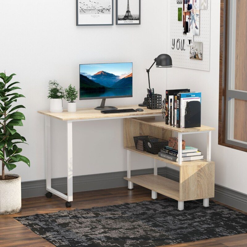 L-shaped rotating computer desk with storage shelf Movable rolling writing desk Home office study workstation for home office