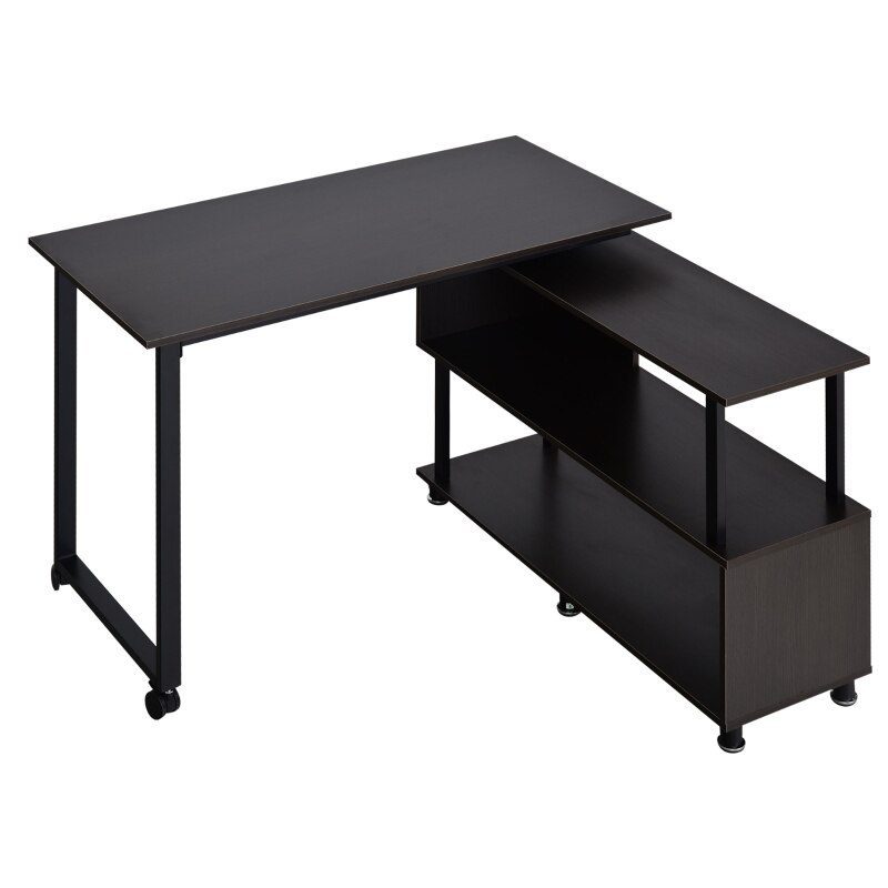 L-shaped rotating computer desk with storage shelf Movable rolling writing desk Home office study workstation for home office