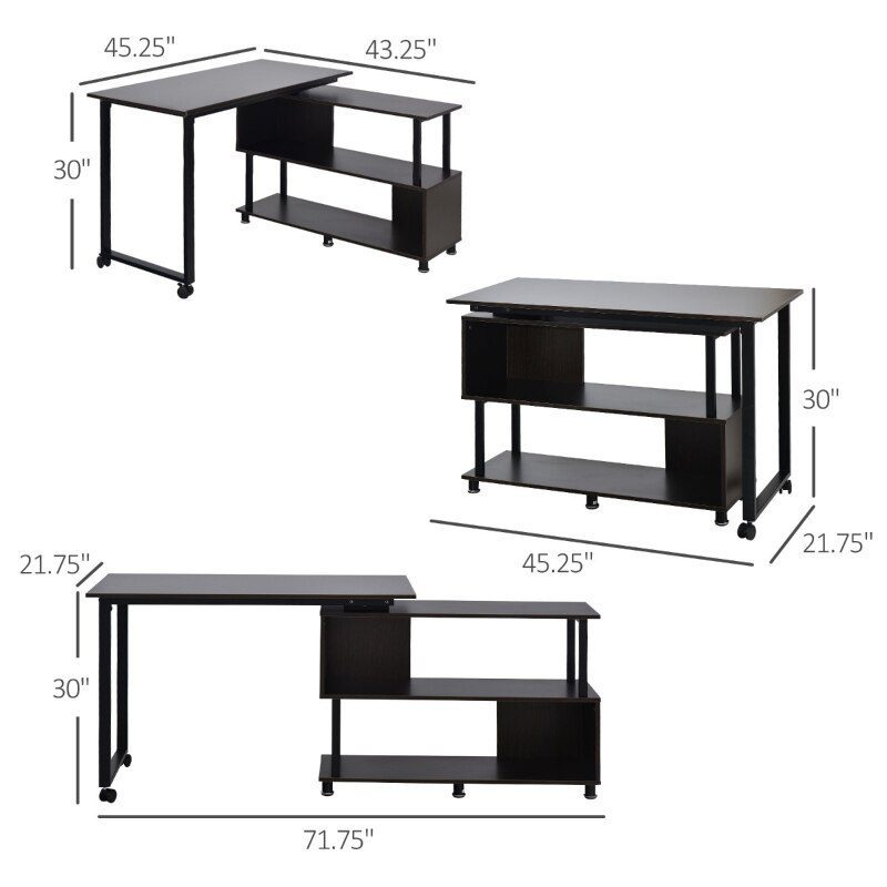 L-shaped rotating computer desk with storage shelf Movable rolling writing desk Home office study workstation for home office