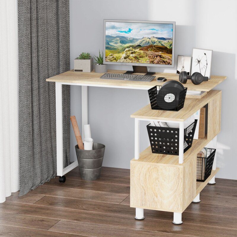 L-shaped rotating computer desk with storage shelf Movable rolling writing desk Home office study workstation for home office