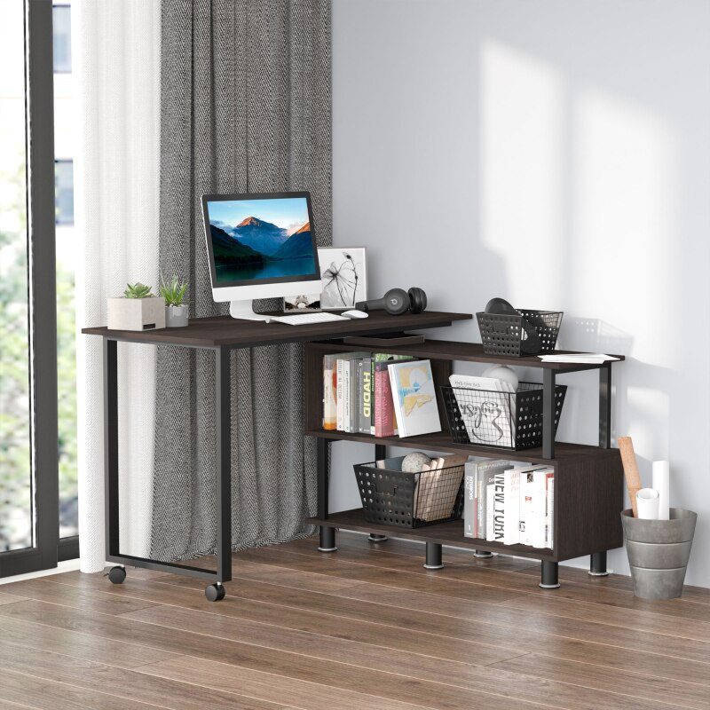 L-shaped rotating computer desk with storage shelf Movable rolling writing desk Home office study workstation for home office