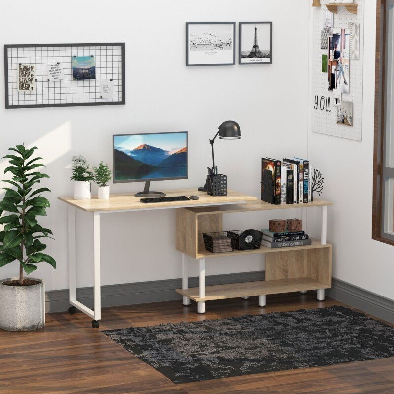 L-shaped rotating computer desk with storage shelf Movable rolling writing desk Home office study workstation for home office