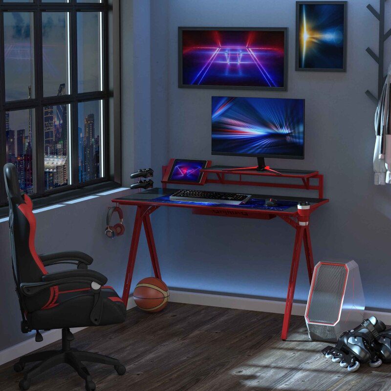 53" Gaming Desk, Racing Computer Desk with Monitor Shelf, Gamepad Rack, Cup Holder, Headphone Hook, and Cable Basket, Red