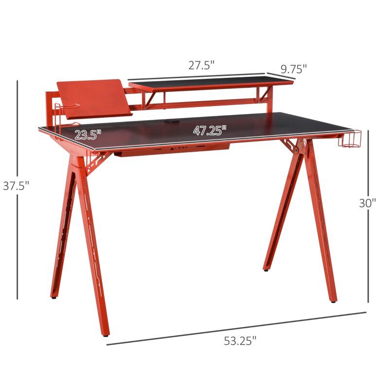 53" Gaming Desk, Racing Computer Desk with Monitor Shelf, Gamepad Rack, Cup Holder, Headphone Hook, and Cable Basket, Red