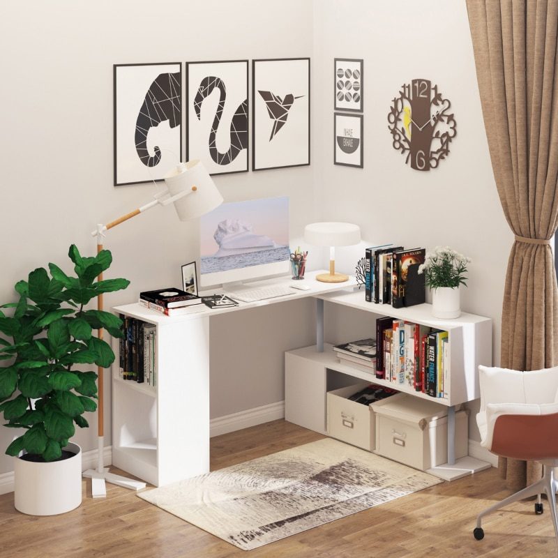 360° Swivel Corner Computer Desk Modern L Shape Home Office Workstation, 55" with 3 Tier Storage Shelves, Bookshelf, Black