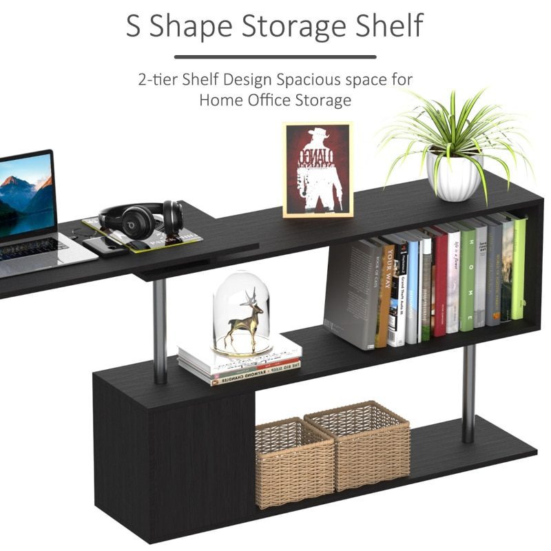 360° Swivel Corner Computer Desk Modern L Shape Home Office Workstation, 55" with 3 Tier Storage Shelves, Bookshelf, Black