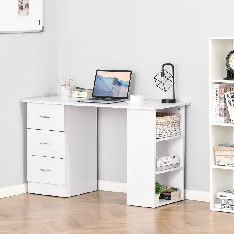 47" Computer Writing Desk Study Table Student Workstation w/ 3 Shelf & 3 Storage Drawers Home Office Furniture White