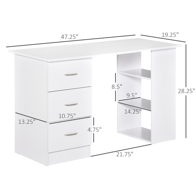 47" Computer Writing Desk Study Table Student Workstation w/ 3 Shelf & 3 Storage Drawers Home Office Furniture White