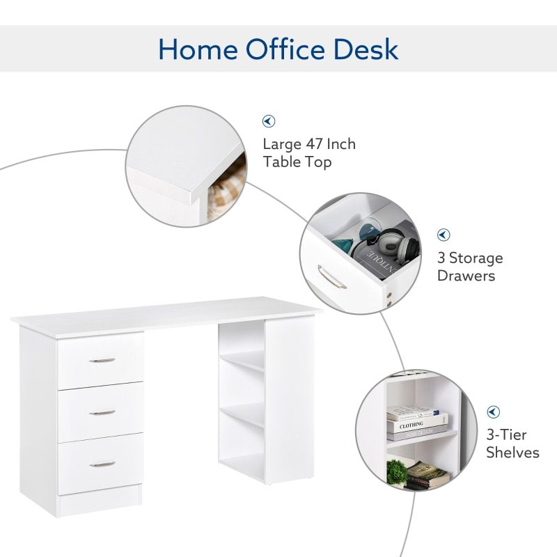 47" Computer Writing Desk Study Table Student Workstation w/ 3 Shelf & 3 Storage Drawers Home Office Furniture White