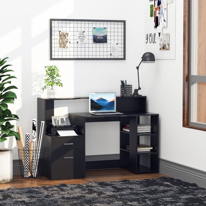 54" Multi-Level Computer Desk Modern Home Office Writing Workstation with 3 Storage Shelves & 2 Pull-Out Drawers, Oak/Black