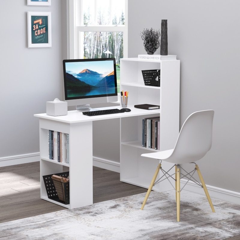 47" Modern Computer Desk with Bookshelf Office Compact Computer Crafting Hobby Desk Bookcase - White