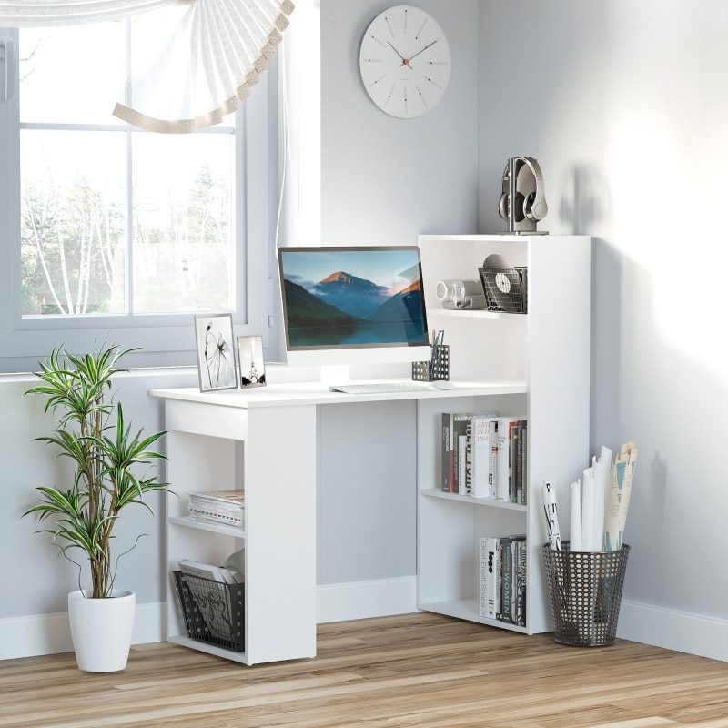 47" Modern Computer Desk with Bookshelf Office Compact Computer Crafting Hobby Desk Bookcase - White