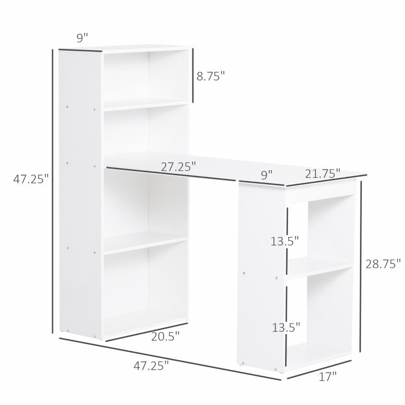 47" Modern Computer Desk with Bookshelf Office Compact Computer Crafting Hobby Desk Bookcase - White