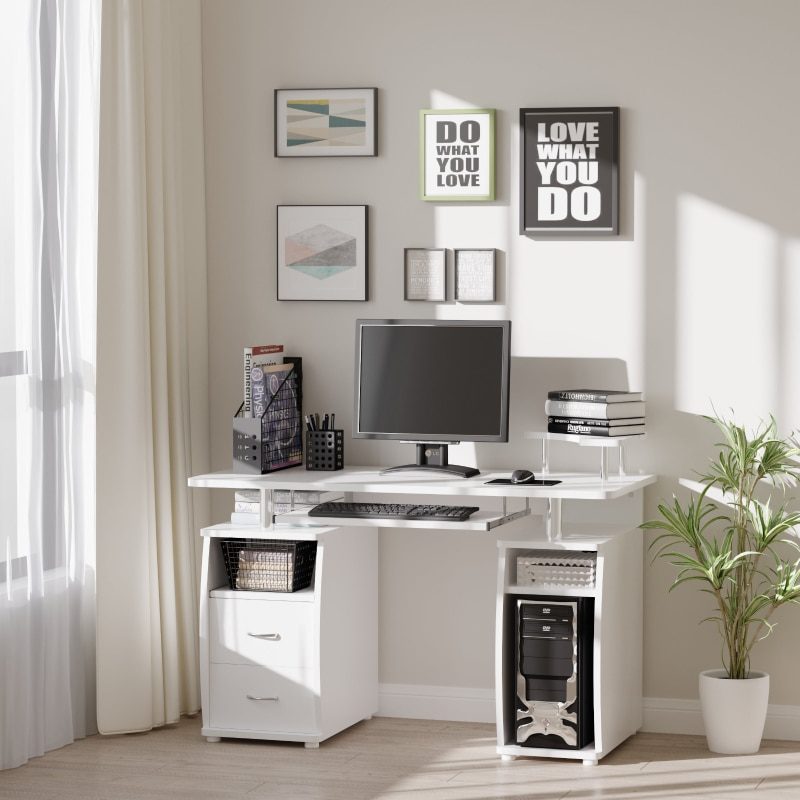 Multifunctional Computer Desk Home Office Workstation with Keyboard Tray, Overhead Shelf, Sliding Scanner and CPU Stand, White