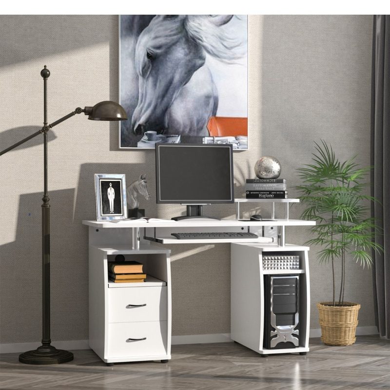 Multifunctional Computer Desk Home Office Workstation with Keyboard Tray, Overhead Shelf, Sliding Scanner and CPU Stand, White