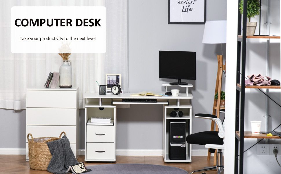 Multifunctional Computer Desk Home Office Workstation with Keyboard Tray, Overhead Shelf, Sliding Scanner and CPU Stand, White