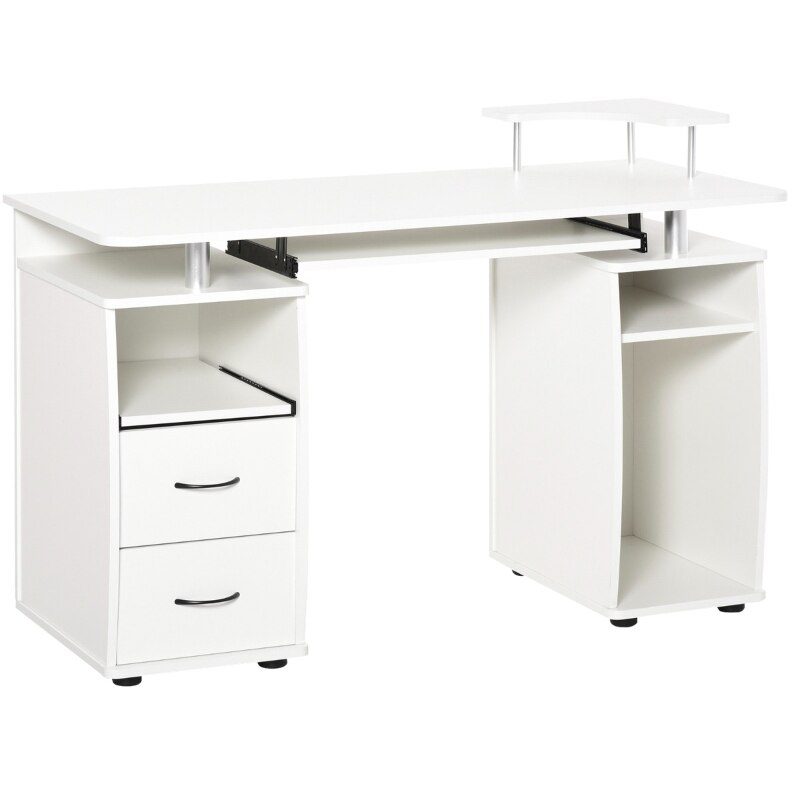 Multifunctional Computer Desk Home Office Workstation with Keyboard Tray, Overhead Shelf, Sliding Scanner and CPU Stand, White