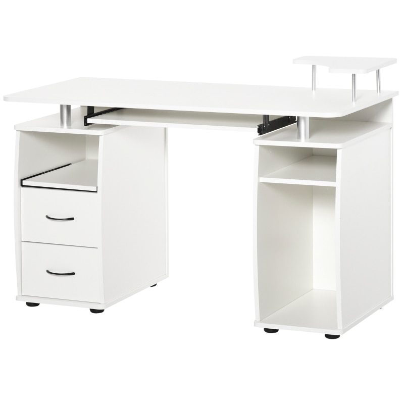 Multifunctional Computer Desk Home Office Workstation with Keyboard Tray, Overhead Shelf, Sliding Scanner and CPU Stand, White