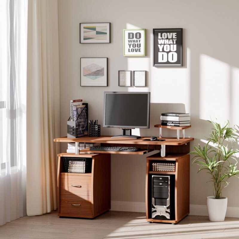 Multifunctional Computer Desk Home Office Workstation with Keyboard Tray, Overhead Shelf, Sliding Scanner and CPU Stand, White