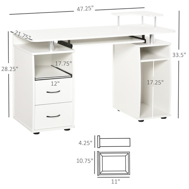 Multifunctional Computer Desk Home Office Workstation with Keyboard Tray, Overhead Shelf, Sliding Scanner and CPU Stand, White