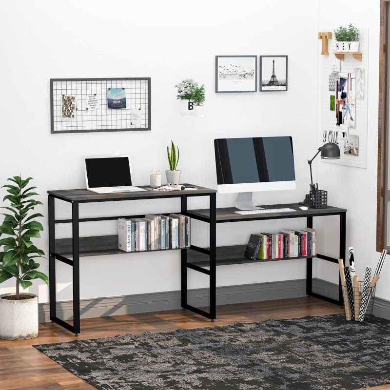 Industrial Style Standing Sitting Computer Desk with Steel Frame, Storage Shelf Grey/Oak, White