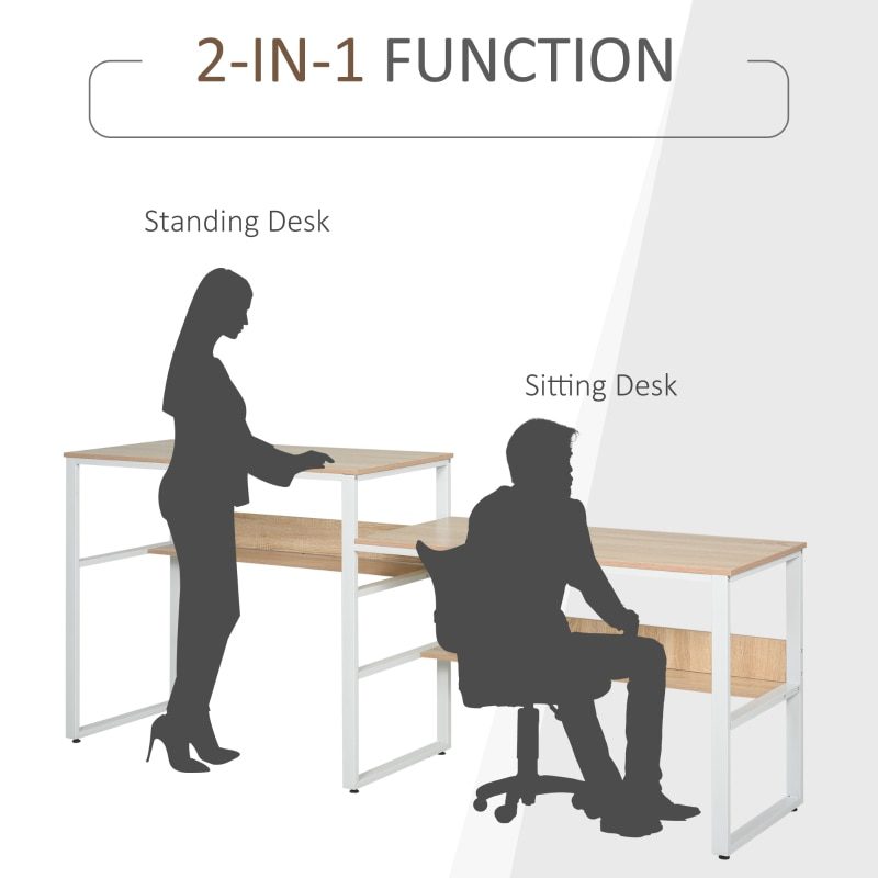 Industrial Style Standing Sitting Computer Desk with Steel Frame, Storage Shelf Grey/Oak, White