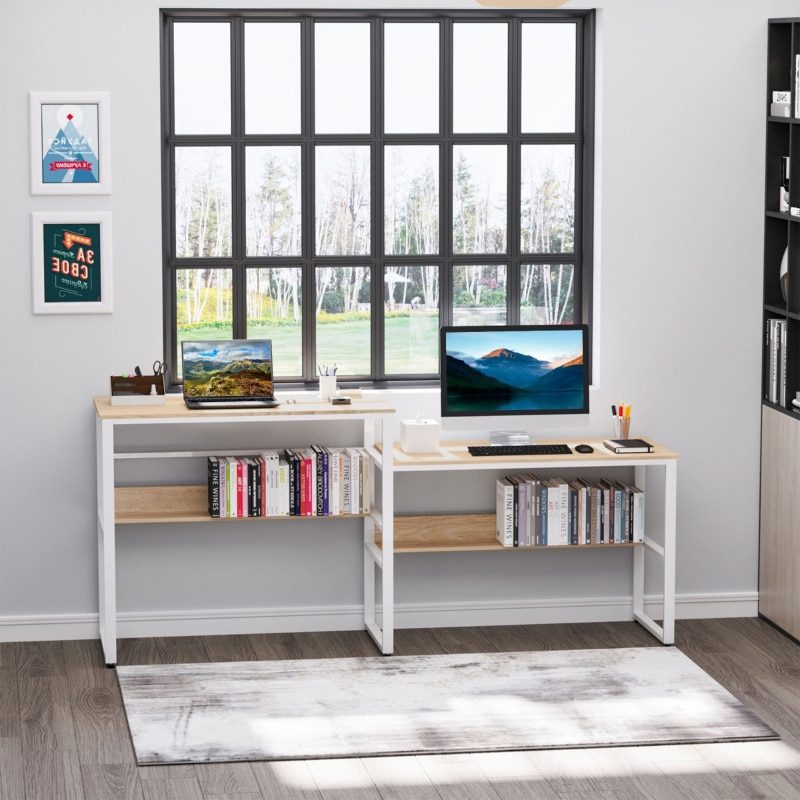 Industrial Style Standing Sitting Computer Desk with Steel Frame, Storage Shelf Grey/Oak, White