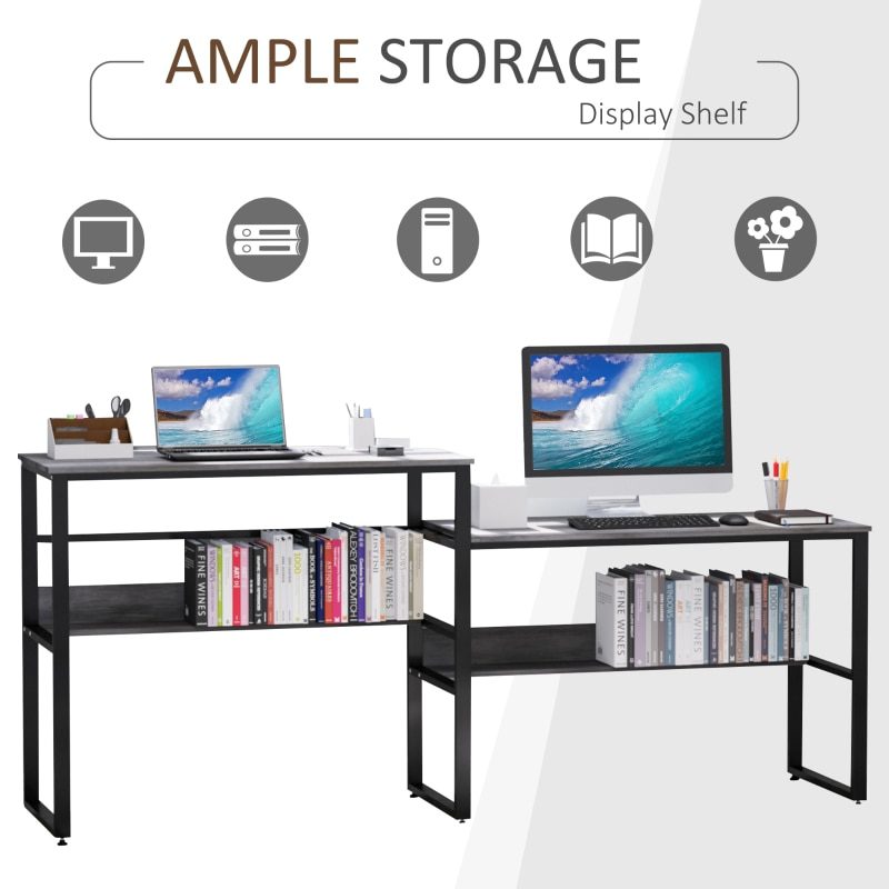 Industrial Style Standing Sitting Computer Desk with Steel Frame, Storage Shelf Grey/Oak, White