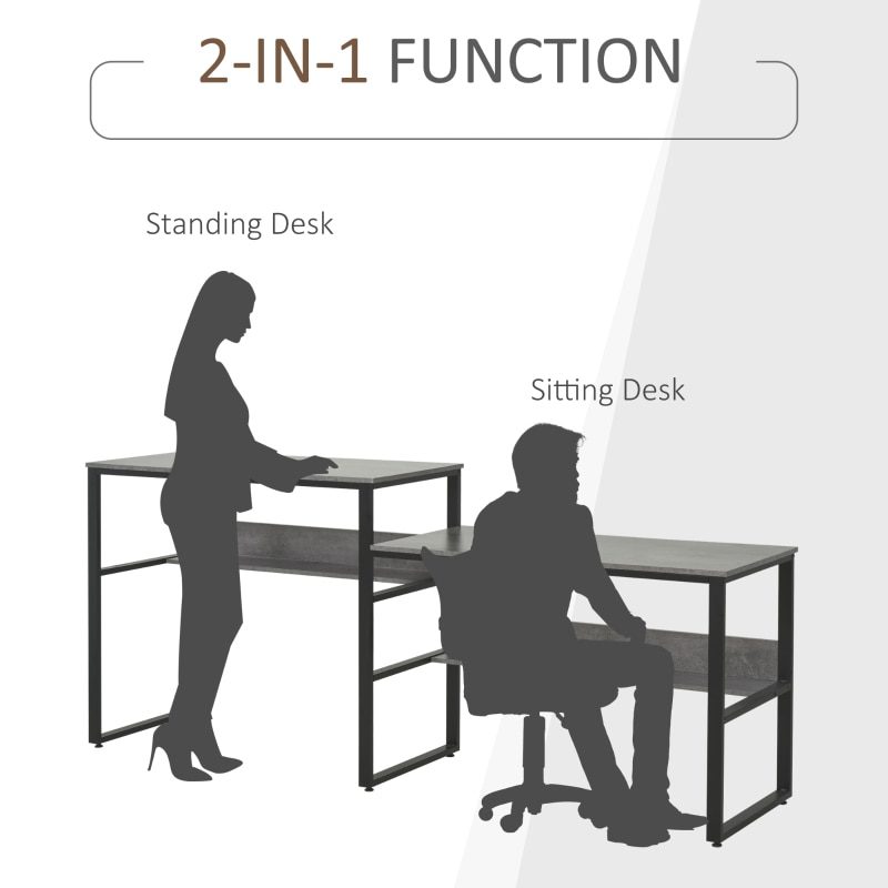 Industrial Style Standing Sitting Computer Desk with Steel Frame, Storage Shelf Grey/Oak, White