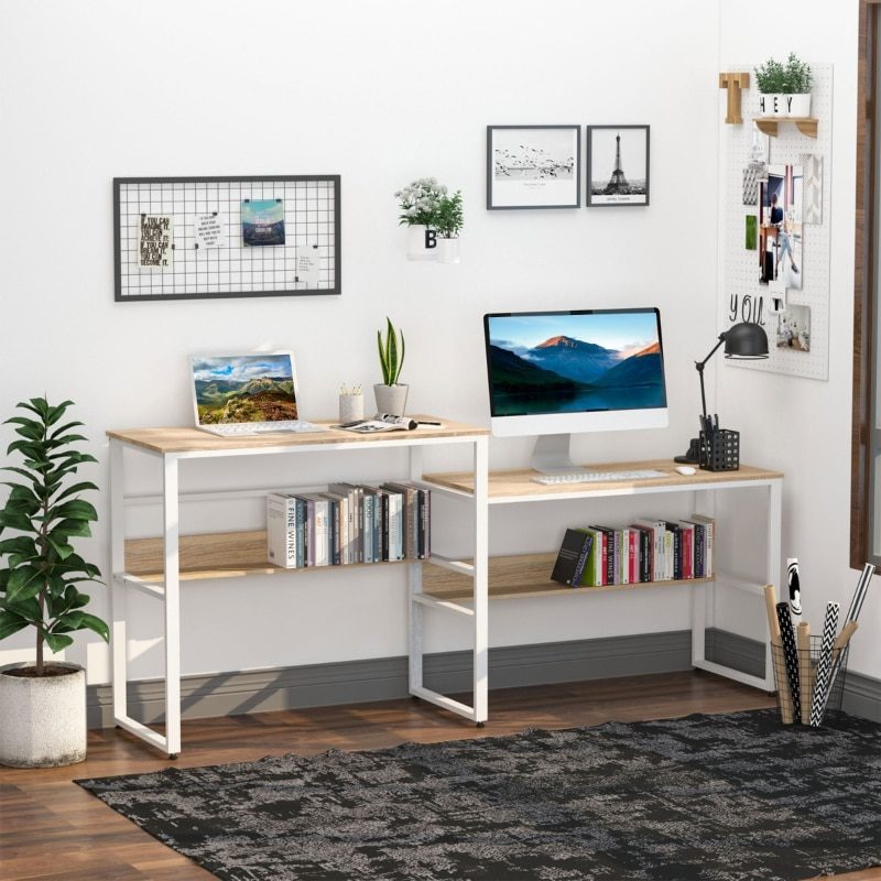 Industrial Style Standing Sitting Computer Desk with Steel Frame, Storage Shelf Grey/Oak, White