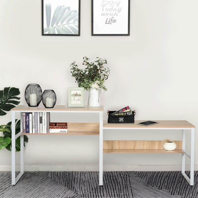 Industrial Style Standing Sitting Computer Desk with Steel Frame, Storage Shelf Grey/Oak, White