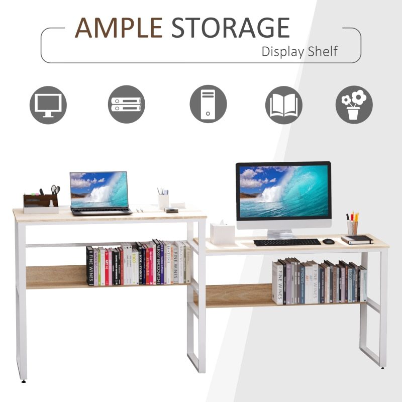 Industrial Style Standing Sitting Computer Desk with Steel Frame, Storage Shelf Grey/Oak, White