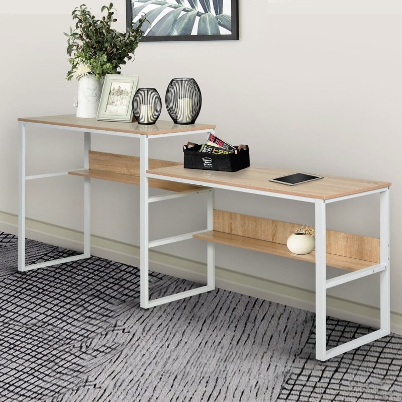 Industrial Style Standing Sitting Computer Desk with Steel Frame, Storage Shelf Grey/Oak, White