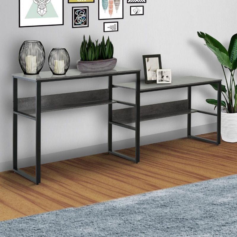 Industrial Style Standing Sitting Computer Desk with Steel Frame, Storage Shelf Grey/Oak, White